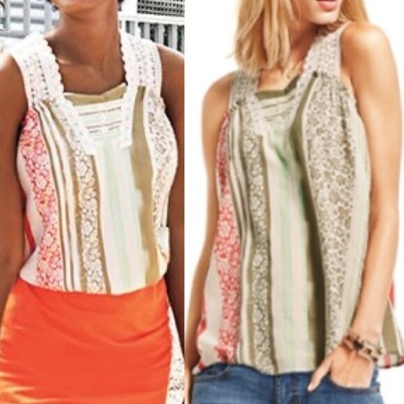 CABI 266 Whisper Gauze Tank Cream Beige Green Floral Striped Crochet Boho Blouse - Picture 3 of 16